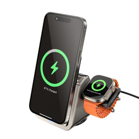 Бездротовий зарядний пристрій Borofone BQ30, 3в1, 15W, metal gray