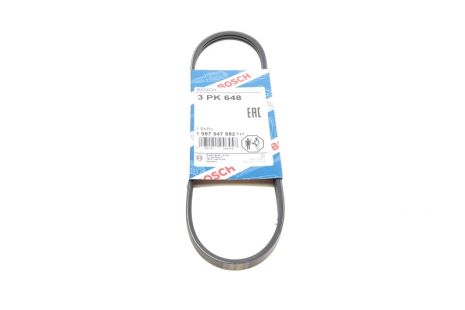 Ремень генератора Ford Fiesta/Escort 1.8D 88-95/Mondeo 2.5-3.0 V6 24V 00-07 (3PK648), BOSCH (1987947882)