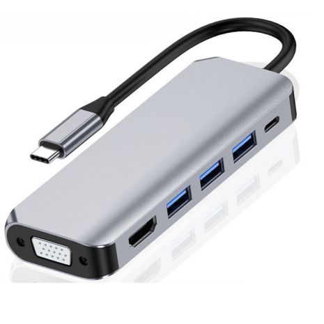 Type-C адаптер 6-в-1 HDMI 4K + VGA + 3 USB 3.0 + PD 100W