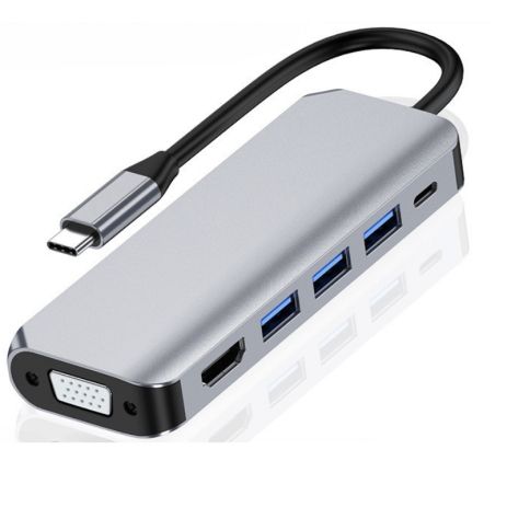 Type-C адаптер 6-в-1 HDMI 4K + VGA + 3 USB 3.0 + PD 100W