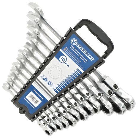 Набор комбинированных ключей с трещоткой и шарниром 8-24 мм, 12 ед., СТАНДАРТ NFGW1202ST-B