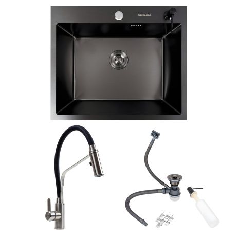 Комплект кухонной мойки VALESO Handmade 60*50 PVD черная + Смеситель KN36