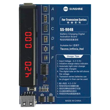 Плата активації та заряджання акумуляторів Sunshine SS-904B з цифровою індикацією (Tecno/Itel/Infinix; кабелі Type-C/USB A/штеккери БП) Плата активації та заряджання акумуляторів Sunshine SS-904B з цифровою індикацією (Tecno/Itel/Infinix; кабелі Type-C/USB A/штеккери БП)