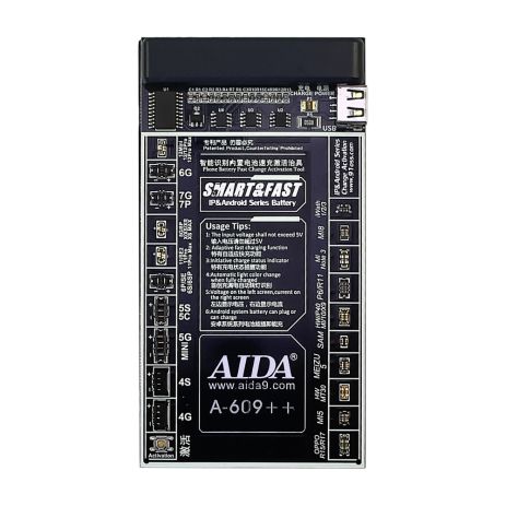 Плата активації та заряджання акумуляторів Aida A-609++ з цифр. інд. (4G -12 Pro Max, HUAWEI, LENOVO, VIVO, MI, ZTE, кабелі microUSB, USB A, штекери БЖ)