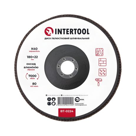 Лепестковый шлифовальный диск, 180×22 мм, зерно K40, 7000 об/мин INTERTOOL BT-0224 Лепестковый шлифовальный диск, 180×22 мм, зерно K40, 7000 об/мин INTERTOOL BT-0224