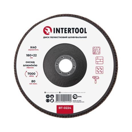 Диск шліфувальний пелюстковий, 180×22 мм, зерно K40, 7000 об/хв INTERTOOL BT-0224