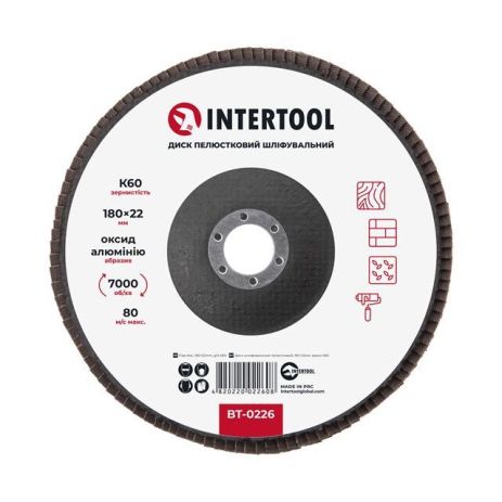 Диск шлифовальный лепестковый, 180×22 мм, зерно K60, 7000 об/мин INTERTOOL BT-0226