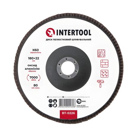 Лепестковый шлифовальный диск, 180×22 мм, зерно K60, 7000 об/мин INTERTOOL BT-0226 Лепестковый шлифовальный диск, 180×22 мм, зерно K60, 7000 об/мин INTERTOOL BT-0226
