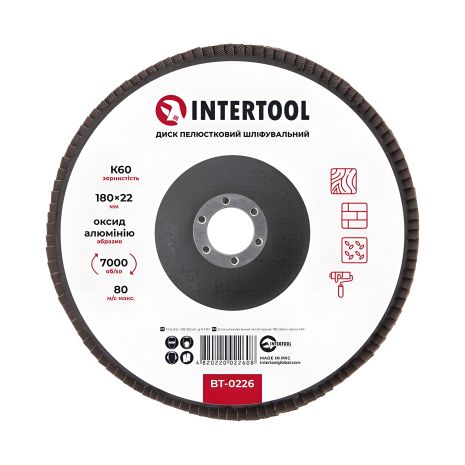 Диск пелюстковий шліфувальний, 180×22 мм, зерно K60, 7000 об/хв INTERTOOL BT-0226