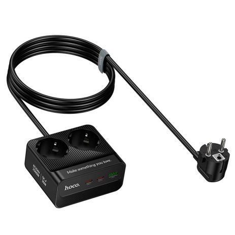 Подовжувач мережевий HOCO AC27 Descanso, 2-socket PD Desktop Charger, 1USB, 2Type-C, 30W, 3A, 2500W, 2m, black
