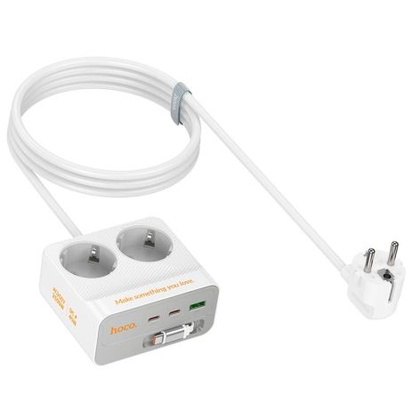 Подовжувач мережевий HOCO AC28 Descanso, 2-socket PD with telescopic Type-C cable desktop charger, 1USB, 2Type-C, 45W, 3A, 2500W, 2m, white
