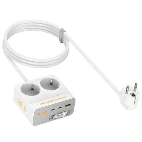 Мережевий подовжувач HOCO AC28 Descanso, 2-socket PD with telescopic Type-C cable, 1USB, 2Type-C, 45W, 3A, 2500W, 2m, white
