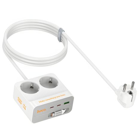 Подовжувач мережевий HOCO AC28 Descanso, 2-socket PD with telescopic Type-C cable desktop charger, 1USB, 2Type-C, 45W, 3A, 2500W, 2m, white Подовжувач мережевий HOCO AC28 Descanso, 2-socket PD with telescopic Type-C cable desktop charger, 1USB, 2Type-C, 45W, 3A, 2500W, 2m, white