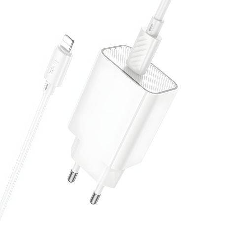 Мережевий зарядний пристрій Hoco C143A, Type-C, PD, білий, кабель Type-C to Lightning