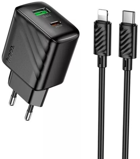 Мережевий зарядний пристрій Hoco CS25A, 1Type-C, 1USB, PD, QC 20W, Type-C to Lightning, Чорний