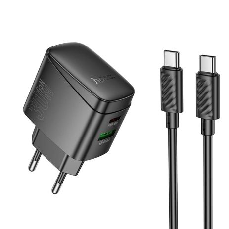 Мережевий зарядний пристрій Hoco CS61A, 1USB, 1Type-C PD, QC 30W, Type-C to Type-C, Чорний Мережевий зарядний пристрій Hoco CS61A, 1USB, 1Type-C PD, QC 30W, Type-C to Type-C, Чорний