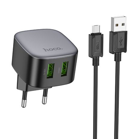 Мережевий зарядний пристрій Hoco CS34A, 2USB, QC 18W, USB to MicroUSB, Чорний Мережевий зарядний пристрій Hoco CS34A, 2USB, QC 18W, USB to MicroUSB, Чорний