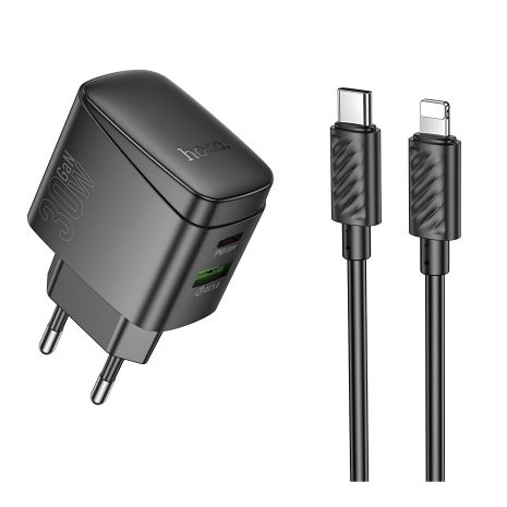 Зарядний адаптер Hoco CS61A, 1USB, 1Type-C, PD, QC 30W, Type-C to Lightning, чорний Зарядний адаптер Hoco CS61A, 1USB, 1Type-C, PD, QC 30W, Type-C to Lightning, чорний