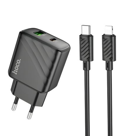 Сетевое Зарядное Устройство Hoco CS23A 1USB/1USB-C PD/QC 30W+Type-C to Lightning Черный