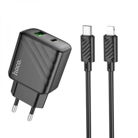 Сетевое Зарядное Устройство Hoco CS23A 1USB/1USB-C PD/QC 30W+Type-C to Lightning Черный