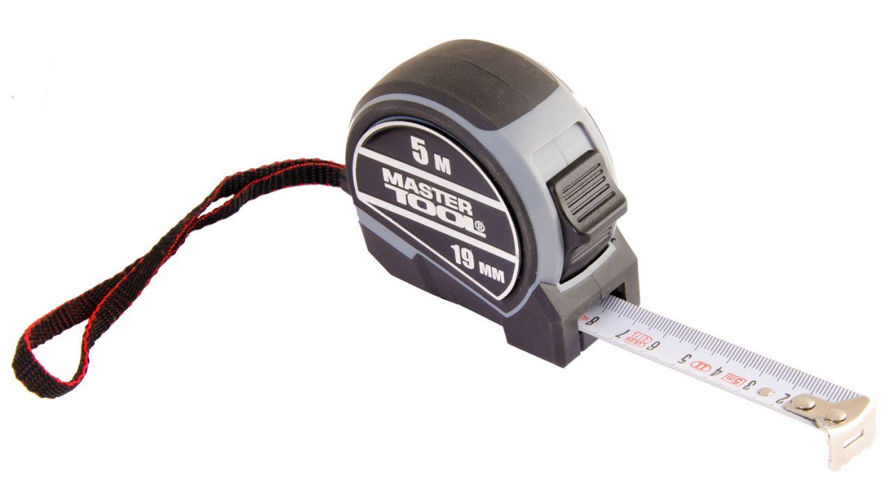Рулетка 5 м×19 мм фиксатор полотна кнопка STOP нейлоновое покрытие металлическая накладка MASTERTOOL 60-5019 Рулетка 5 м×19 мм фиксатор полотна кнопка STOP нейлоновое покрытие металлическая накладка MASTERTOOL 60-5019