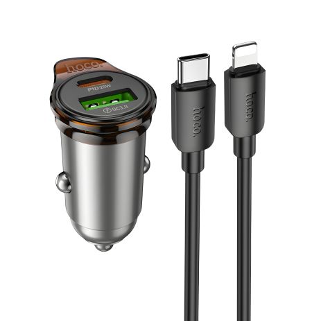 Автомобильное Устройство для Зарядки Hoco NZ16A USB/ Type-C 43W PD QC 25W метал серый + кабель Type-C to Lightning