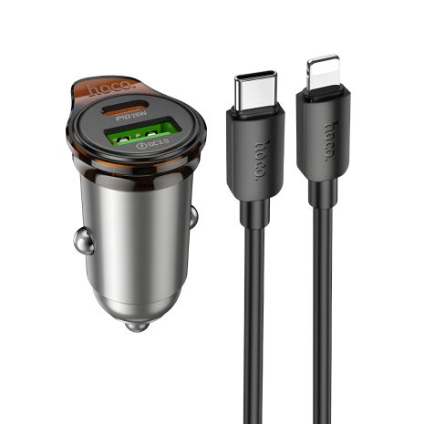 Автозарядний пристрій Hoco NZ16A, USB, Type-C, 43W PD, QC 25W, металік сірий, кабель Type-C to Lightning