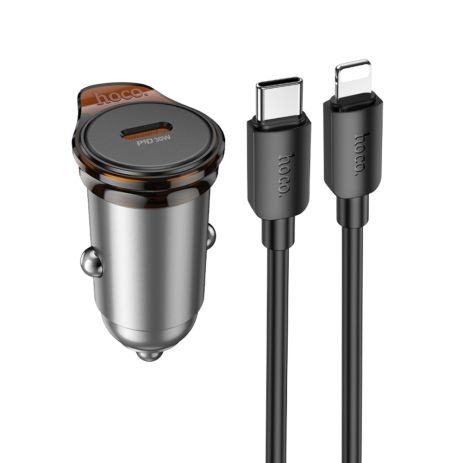 Автомобільний зарядний пристрій Hoco NZ16, Type-C, PD 30W, metal grey, кабель Type-C to Lightning