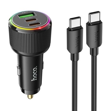 Автомобільний зарядний пристрій Hoco NZ17, USB, 2 Type-C, PD 75W, black, кабель Type-C to Type-C