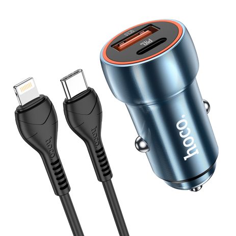 Автомобільний зарядний пристрій Hoco Z46A, PD20W, QC3.0, кабель Type C to Lightning, Сапфірово-синій