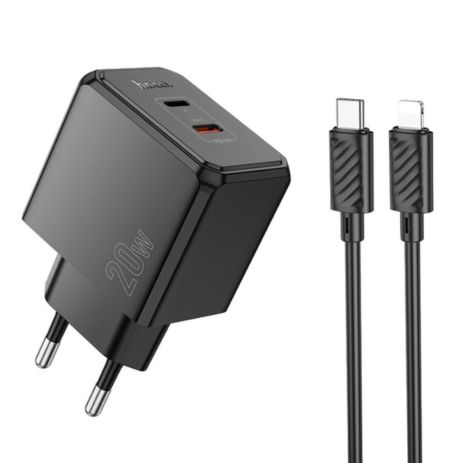 Мережевий зарядний пристрій Hoco CS16A, 1Type-C, 1Lightning, PD, QC 20W, кабель Type-C to Lightning, Чорний