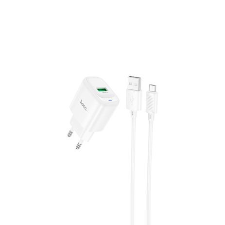 Мережевий зарядний пристрій Hoco C140A, 1USB, QC 18W, кабель USB to MicroUSB, Білий