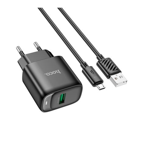 Мережевий зарядний пристрій Hoco C140A, 1USB, QC 18W, кабель USB to MicroUSB, Чорний