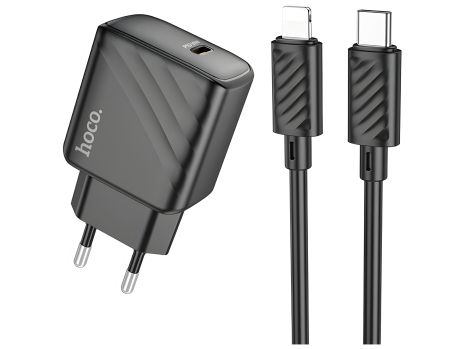 Мережний зарядний пристрій Hoco CS22A, 1Type-C, PD, QC 30W, кабель Type-C to Lightning, Чорний Мережний зарядний пристрій Hoco CS22A, 1Type-C, PD, QC 30W, кабель Type-C to Lightning, Чорний