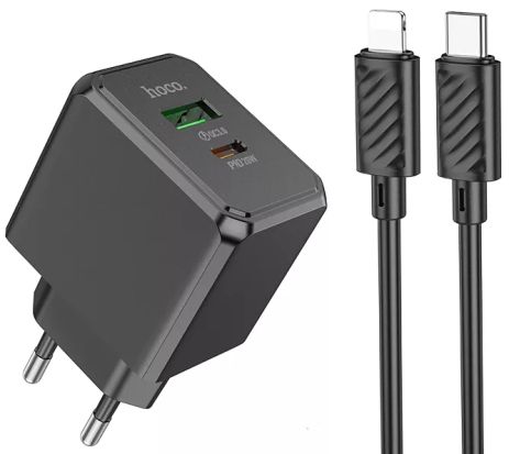 Мережевий зарядний пристрій Hoco CS14A, 1Type-C, 1USB, PD, QC 20W, кабель Type-C to Lightning, Чорний