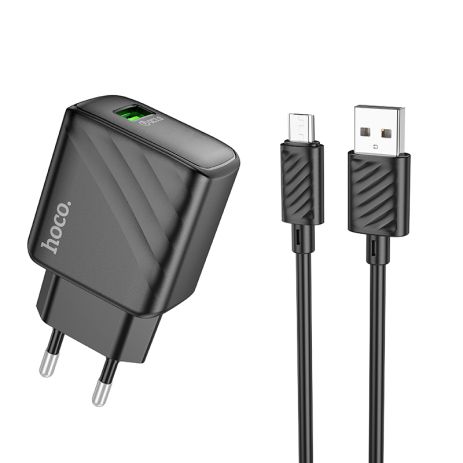 Мережевий зарядний пристрій Hoco CS21A, 1USB, QC 18W, кабель USB to MicroUSB, Чорний