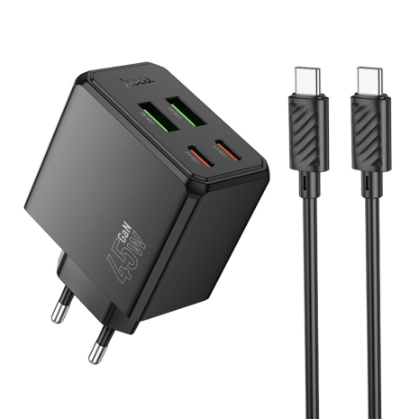Мережевий Зарядний Пристрій Hoco CS18A 2USB-C/2USB PD/QC 45W+Type-C to Type-C Чорний Мережевий Зарядний Пристрій Hoco CS18A 2USB-C/2USB PD/QC 45W+Type-C to Type-C Чорний