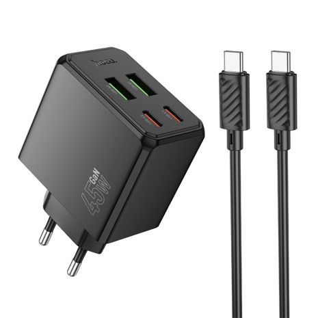 Мережевий зарядний пристрій Hoco CS18A, 2Type-C, 2USB, PD, QC 45W, кабель Type-C to Type-C, Чорний Мережевий зарядний пристрій Hoco CS18A, 2Type-C, 2USB, PD, QC 45W, кабель Type-C to Type-C, Чорний