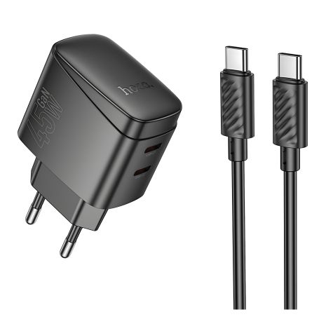 Мережевий зарядний пристрій Hoco CS62A, 2Type-C, PD, QC 45W, GAN, кабель Type-C to Type-C, Чорний Мережевий зарядний пристрій Hoco CS62A, 2Type-C, PD, QC 45W, GAN, кабель Type-C to Type-C, Чорний
