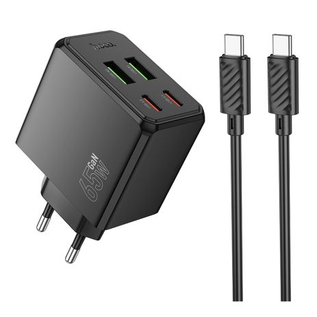 Мережевий зарядний пристрій Hoco CS19A, 2 USB, 2 Type-C, PD 65W, black, кабель Type-C to Type-C Мережевий зарядний пристрій Hoco CS19A, 2 USB, 2 Type-C, PD 65W, black, кабель Type-C to Type-C