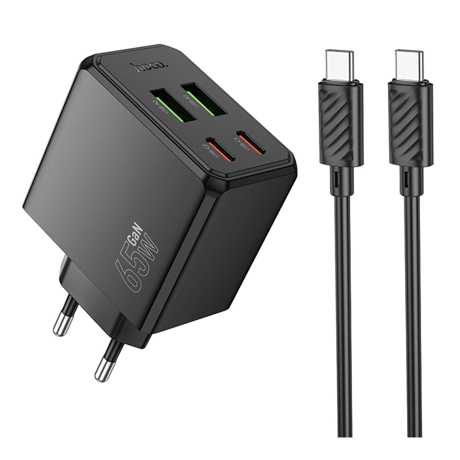 Мережевий зарядний пристрій Hoco CS19A, 2 USB, 2 Type-C, PD 65W, black, кабель Type-C to Type-C Мережевий зарядний пристрій Hoco CS19A, 2 USB, 2 Type-C, PD 65W, black, кабель Type-C to Type-C