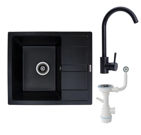 Комплект: Мойка Aria 5851 черная + Смеситель BG76 черный + Сифон 1041