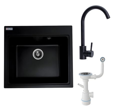 Комплект VALESO: Мийка VESTA 5852 чорна + змішувач BG76 + сифон 1041 Комплект VALESO: Мийка VESTA 5852 чорна + змішувач BG76 + сифон 1041