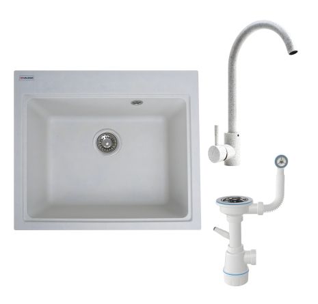 Комплект з білої мийки VESTA 5852 в крапку зі змішувачем 56 B NESP та сифоном 1041