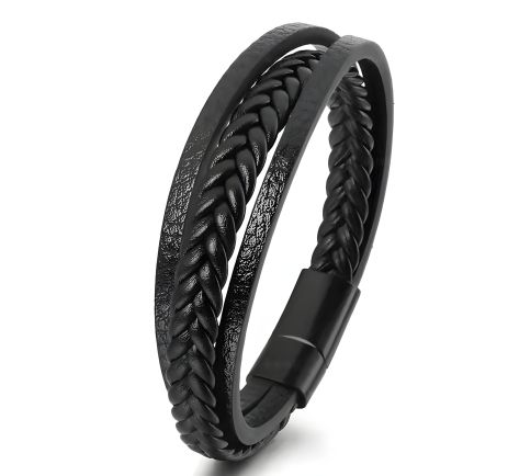 Браслет-плівка шкіряний на застібці чоловічий жіночий плетіння 1 шкіра чорний