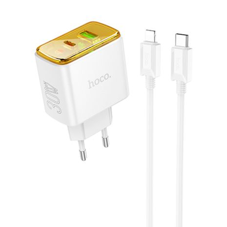 Мережевий зарядний пристрій Hoco CS42A, USB, Type-C, PD 30W, QC, white, кабель Type-C to Lightning Мережевий зарядний пристрій Hoco CS42A, USB, Type-C, PD 30W, QC, white, кабель Type-C to Lightning
