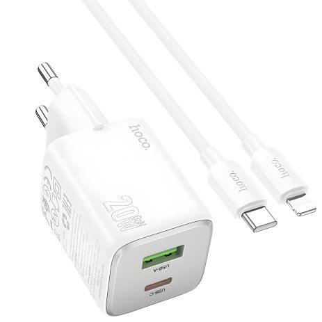 Сетевое зарядное устройство Hoco N41, USB/Type-C PD QC, белое + кабель Type-C to Lightning Сетевое зарядное устройство Hoco N41, USB/Type-C PD QC, белое + кабель Type-C to Lightning