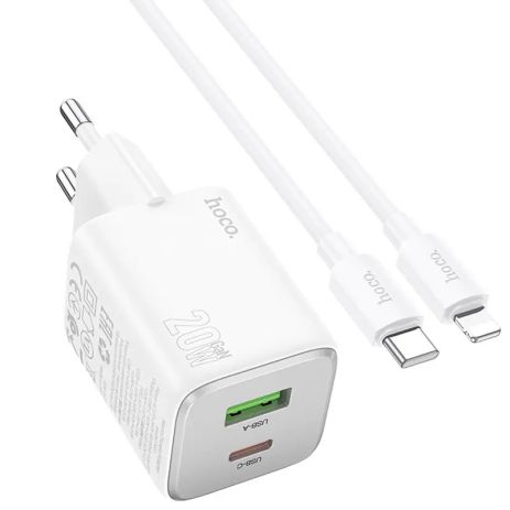 Мережевий зарядний пристрій Hoco N41, USB, Type-C, 20W, 3А, PD, QC, white, кабель Type-C to Lightning Мережевий зарядний пристрій Hoco N41, USB, Type-C, 20W, 3А, PD, QC, white, кабель Type-C to Lightning