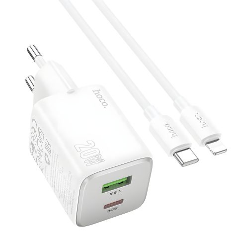 Мережевий зарядний пристрій Hoco N41 USB Type-C 20W 3А PD QC white + кабель Type-C to Lightning Мережевий зарядний пристрій Hoco N41 USB Type-C 20W 3А PD QC white + кабель Type-C to Lightning