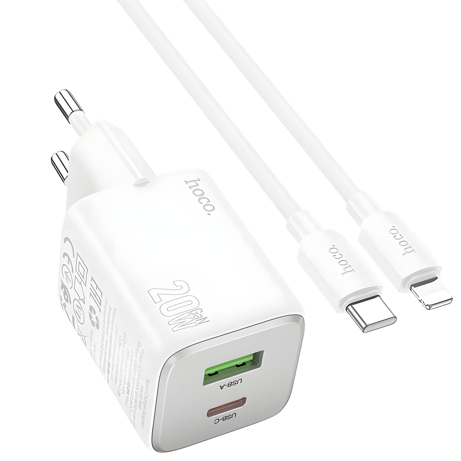 Мережевий зарядний пристрій Hoco N41 USB Type-C 20W 3А PD QC white + кабель Type-C to Lightning Мережевий зарядний пристрій Hoco N41 USB Type-C 20W 3А PD QC white + кабель Type-C to Lightning